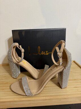 Lulus Taylor  Rhinestone Block Heel Sandals  - Beige Size 10 NIB